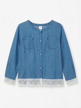 Boho ShabbyChic Denim Shirt Jacket Long Sleeve Scoop Neck Floral Lace Trim Top L